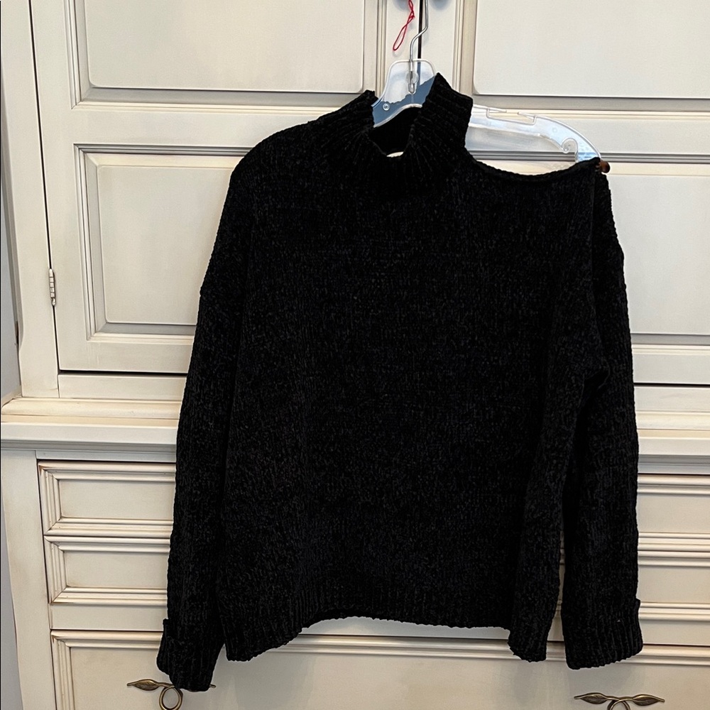 Miracle Black Chenille Turtleneck Sweater.  Cold shoulder on the left side.